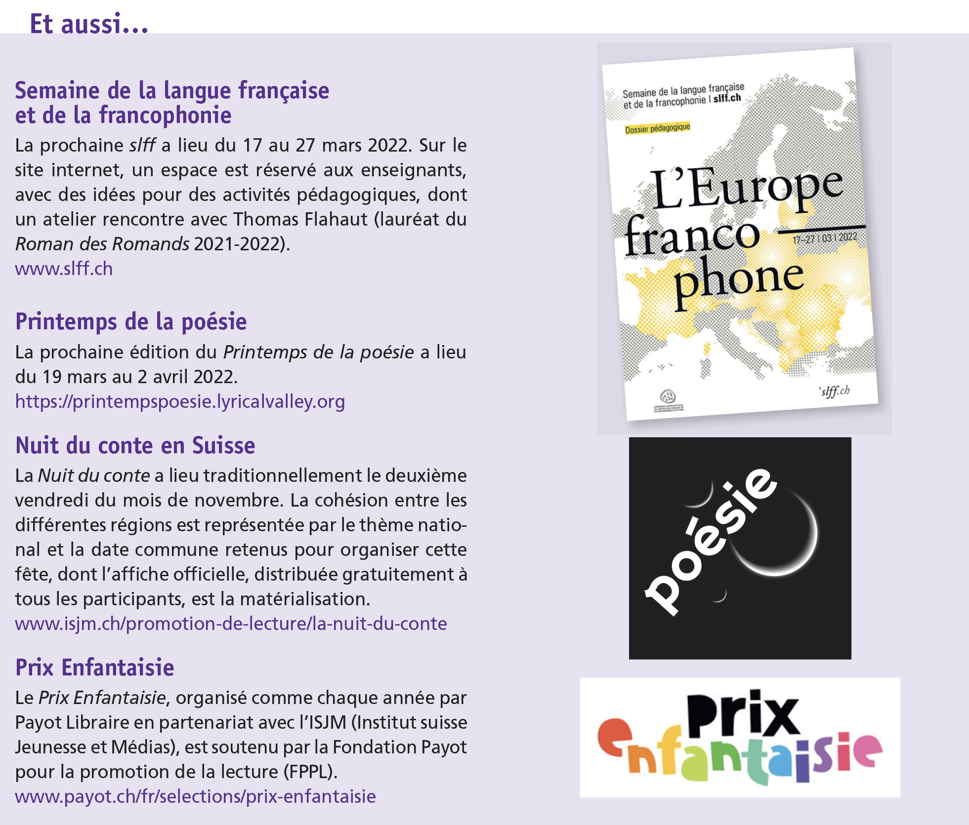 Semaine de la langue française et de la francophonie - Printemps de la poésie - Nuit du conte en Suisse - Prix Enfantaisie